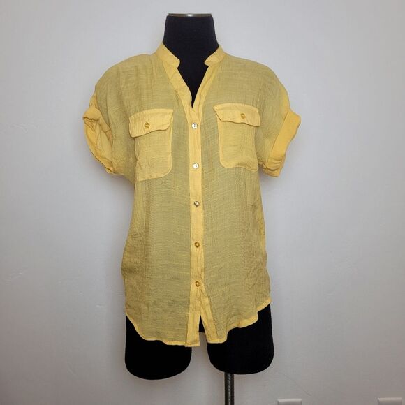 Ashley Blue Yellow Blouse Daffodil Lightweight Breezy Coastal Clean Girl Small - Picture 1 of 9